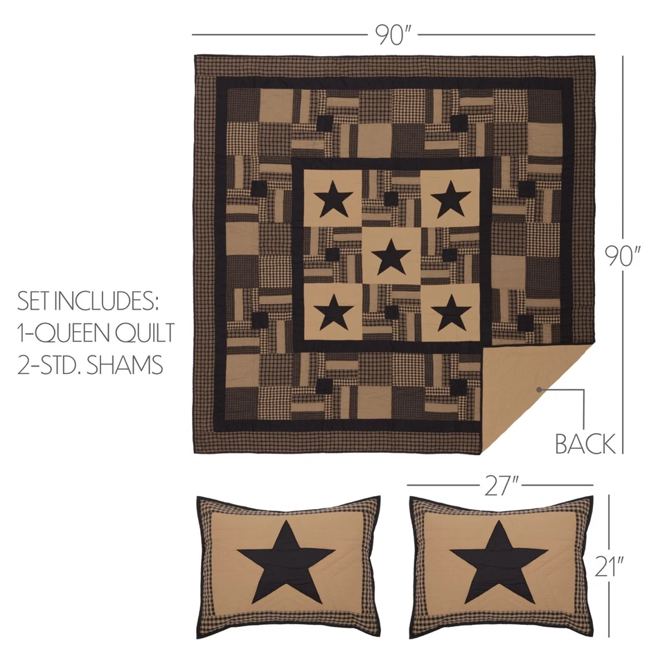 Black Check Star Queen Quilt Set 2 Shams Log Cabin Patchwork Hand Quilting - Image 2 of 4