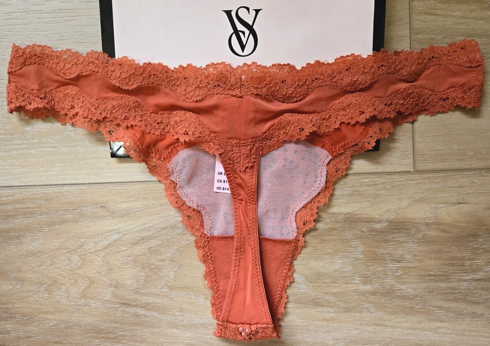 NUEVO CON ETIQUETAS Victoria's Secret Dream Angels Calabaza Sedoso Suave Encaje Tanga Bragas Arco M Foto 2 de 3