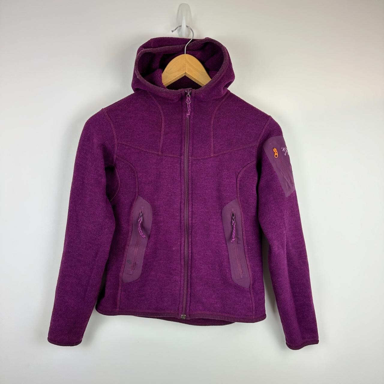 Giacca Arc'teryx Covert donna Polartec viola pile full zip con cappuccio taglia XS
