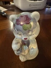FENTON Clear GLASS WHITE IRIDESCENT FLORAL BEAR FIGURINE, HAND PAINTED Signed