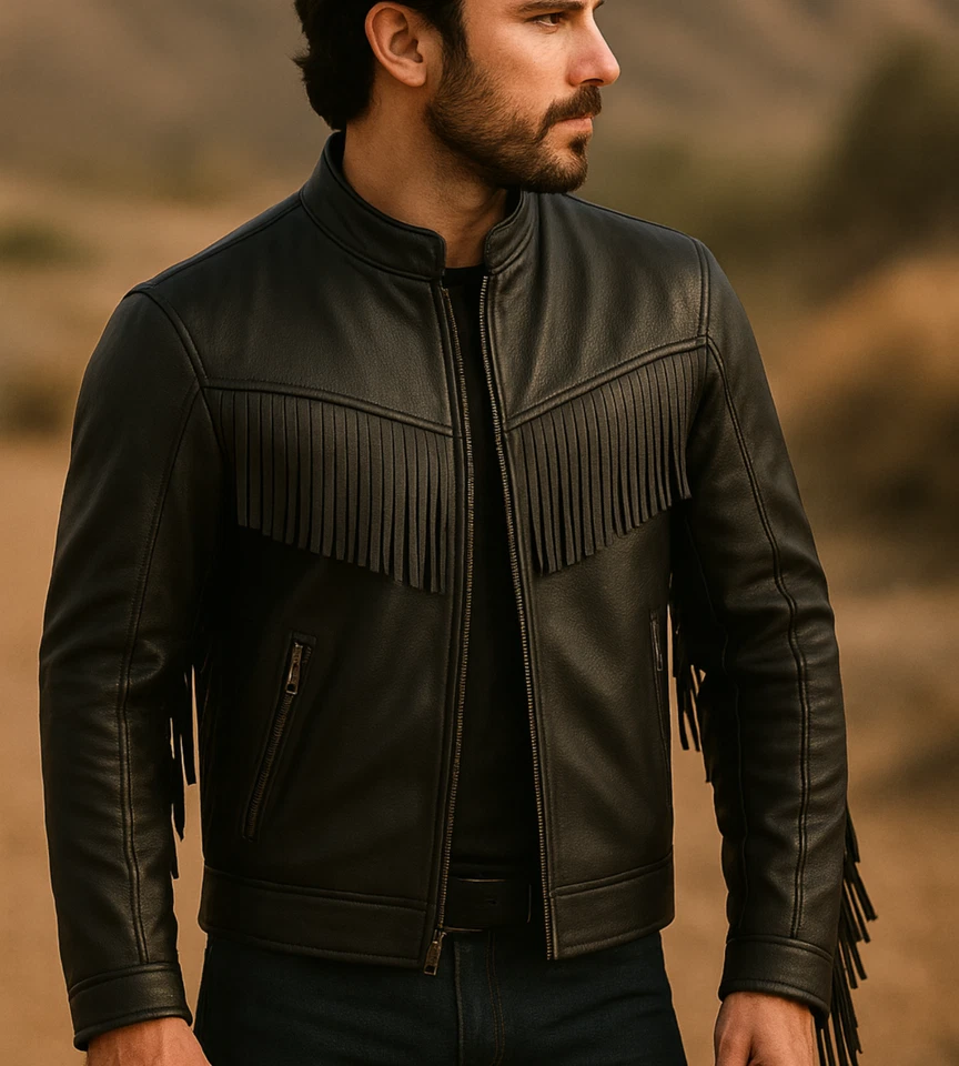 Chaqueta de cuero con flecos occidentales para hombre - Abrigo de rodeo vaquero de cuero de vaca real negro Foto 3 de 4