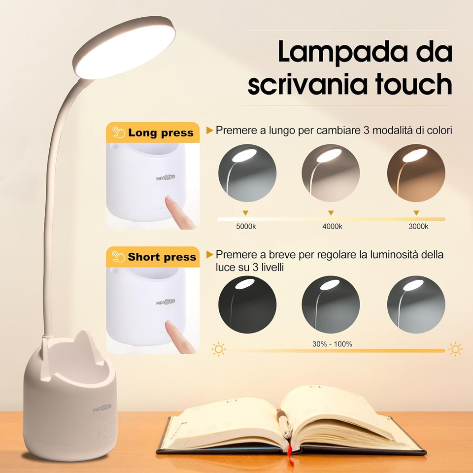 Lampada Da Tavolo LED Ricaricabile Wireless - 3 Steli Regolabili In Altezza - Dimmer Touch 3000-6000K - IP54 Impermeabile - Bianco