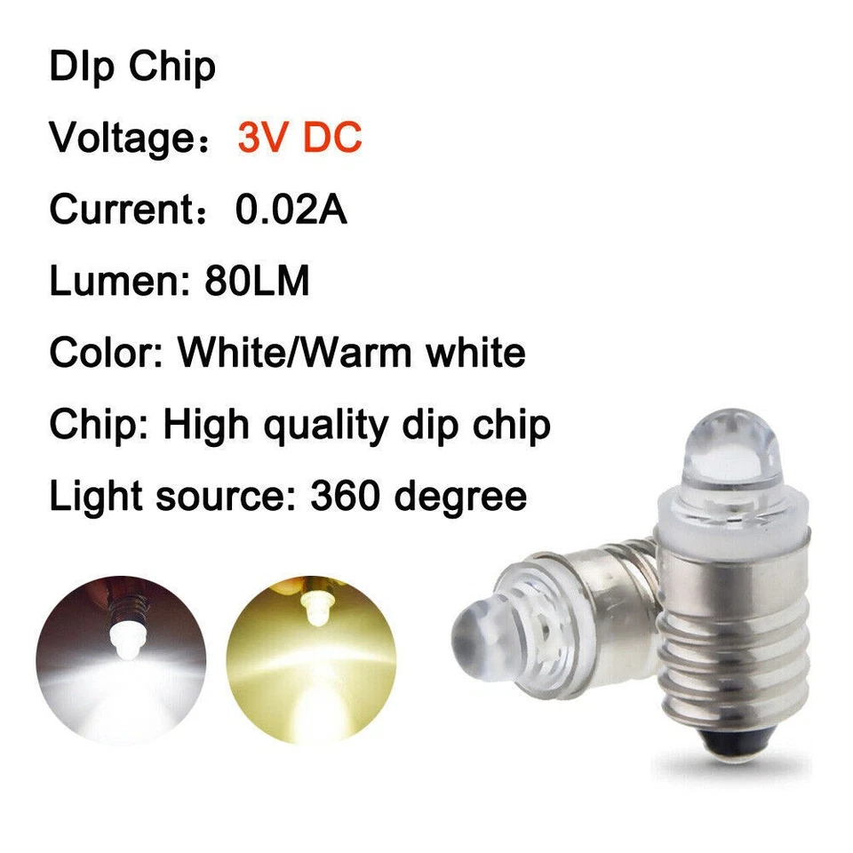 E10 LED Bulb DC 3V Warm/White Screw Lamp Replacement For Torch Flashlight Light - Image 2 of 4