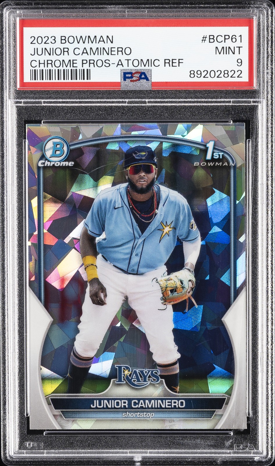2023 BOWMAN CHROME PROSPECTS ATOMIC REFRACTOR #BCP61 JUNIOR CAMINERO PSA 9