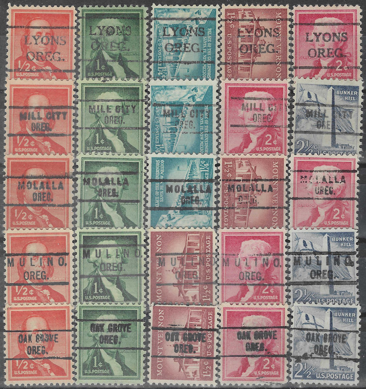 OREGON PRECANCELS, LIBERTYS, 5 TOWNS, 25 DIFFERENT