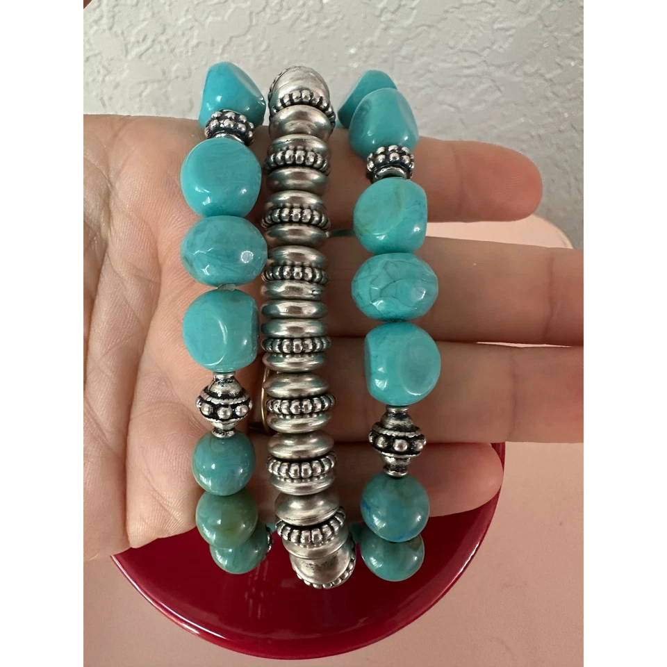Chico's Faux Turquoise Beaded Stretch Bracelet Set Silver Tone Boho NWT - Image 2 of 4