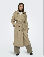 ONLY Women's Chloe Double Breasted Long Trench Coat Belted Beige Large UK 12