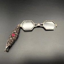 Vintage Art Deco Ruby Glass Folding Lorgnette Opera Glasses Sterling Silver 935