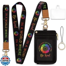 Be Kind Sunflower Lanyard Wallet with ID Badge Holder, Small RFID Wallet Wome