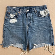 Levi's 501 90s Denim Women Shorts Button Fly Distressed Frayed Hem Blue Sz 32
