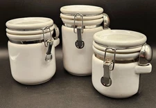 Set of 3 Oggi White Ceramic Canisters w/Stainless Steel Spoons Bail Latch Gasket