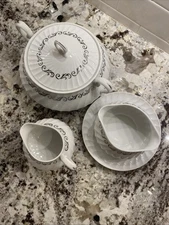 4 Piece Arcadian Fine China Silver Wreath. Veggie dish W/lid Gravy Boat Creamer