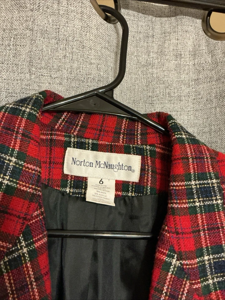 Traje Blazer Norton Mcnaughton Mujer Talla 6 Mezcla de Lana Rojo Chaqueta a Cuadros Forrada De Colección Foto 2 de 4