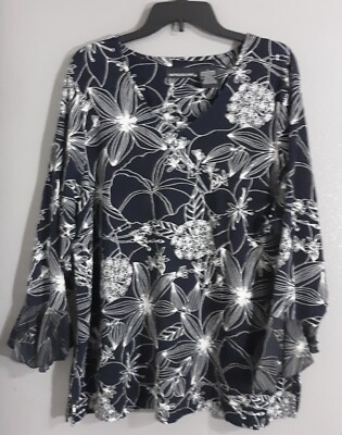 WOMAN'S IMPRESSIONS LONG SLEEVE PULLOVER BLACK BLOUSE.FLORAL PRINT.SZ 1X 