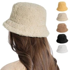 Women Fluffy Plush Bucket Hat Ladies Warm Faux Fur Fisherman Cap Winter