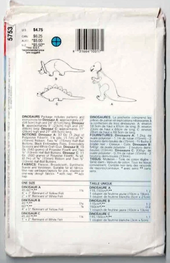 Juguete de dinosaurio patrón Butterick 5753 Triceratops T-Rex sin cortar FF años 80 vintage Foto 2 de 2