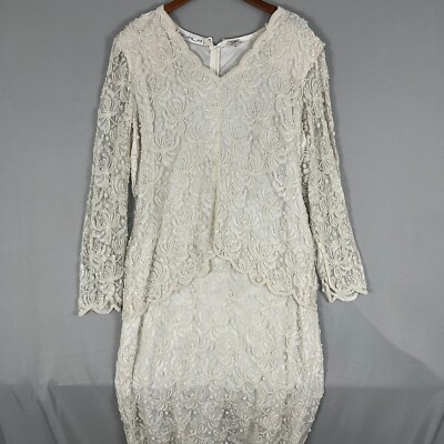 Vintage Scala Dress Women's 1X Ivory Floral Gown Shoulder Pads Formal Wedding