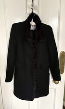 Zara Trafaluc Blk Wool Blend High Neck Coat With Faux Fur Trim & Collar S BNWOT