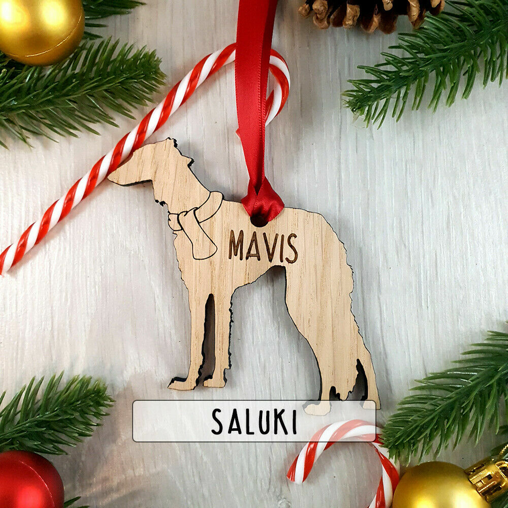 Personalised Dog Wooden Oak Decoration - Christmas Tree gift - Saluki