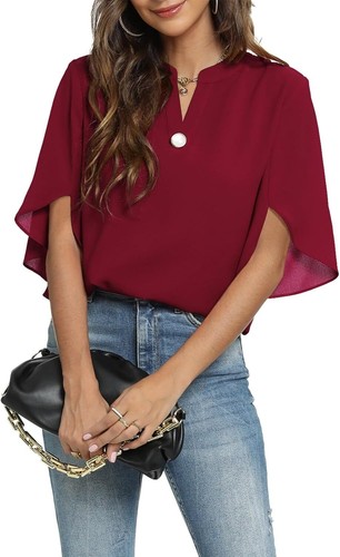 Women's Summer Tops Short Sleeve Casual Shirts V Neck Chiffon Dressy Blouse Tops - Picture 28 of 138