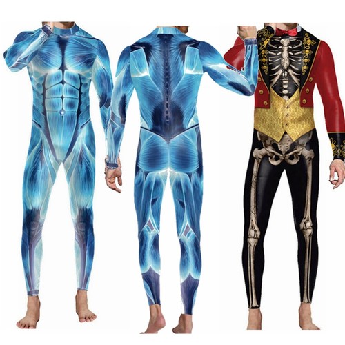 Herren Halloween 3D Totenkopf bedruckt Kostüm Stehkragen Stretch Overall Body