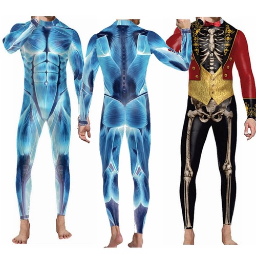 Men Halloween Jumpsuit Cosplay Costume 3D Skeleton Print Bodysuit Skinny Catsuit - Afbeelding 1 van 16