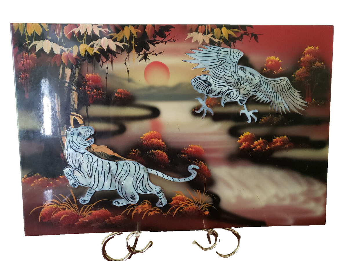 Vintage Vietnamese Lacquer Wood Art Panel w Mother of Pearl Tiger