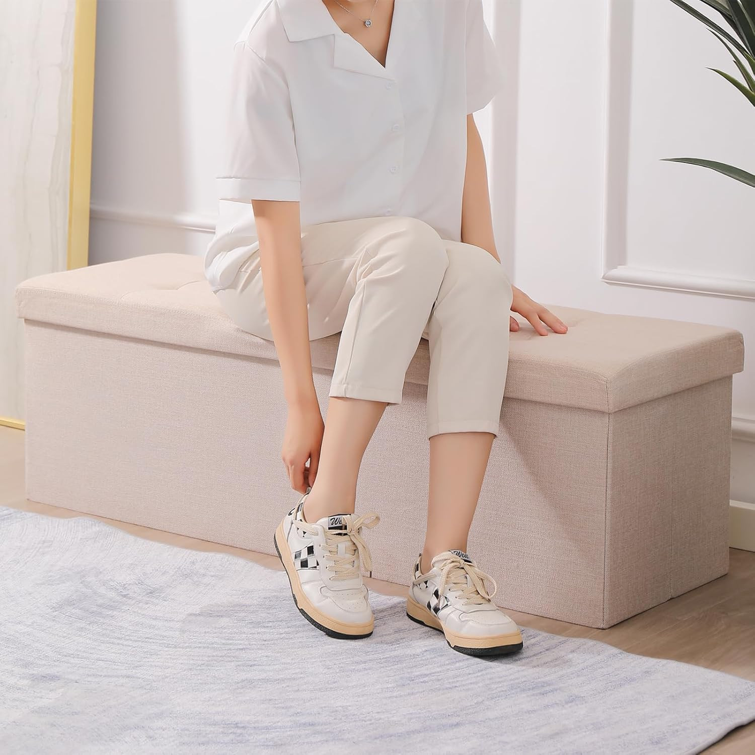 45.3 Inches Storage Ottoman Bench Foldable Seat Footrest Shoe Bench End of Bed S