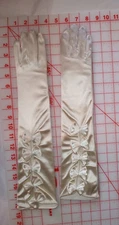 Pretty White Stretch Satin Long Gloves w Bows Wedding Prom Opera or Garden Work