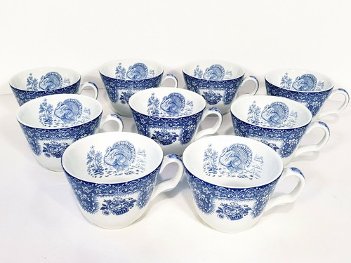 Spode Blue & White Festival Tea Cups Lot Of 9 Turkey Floral Pattern