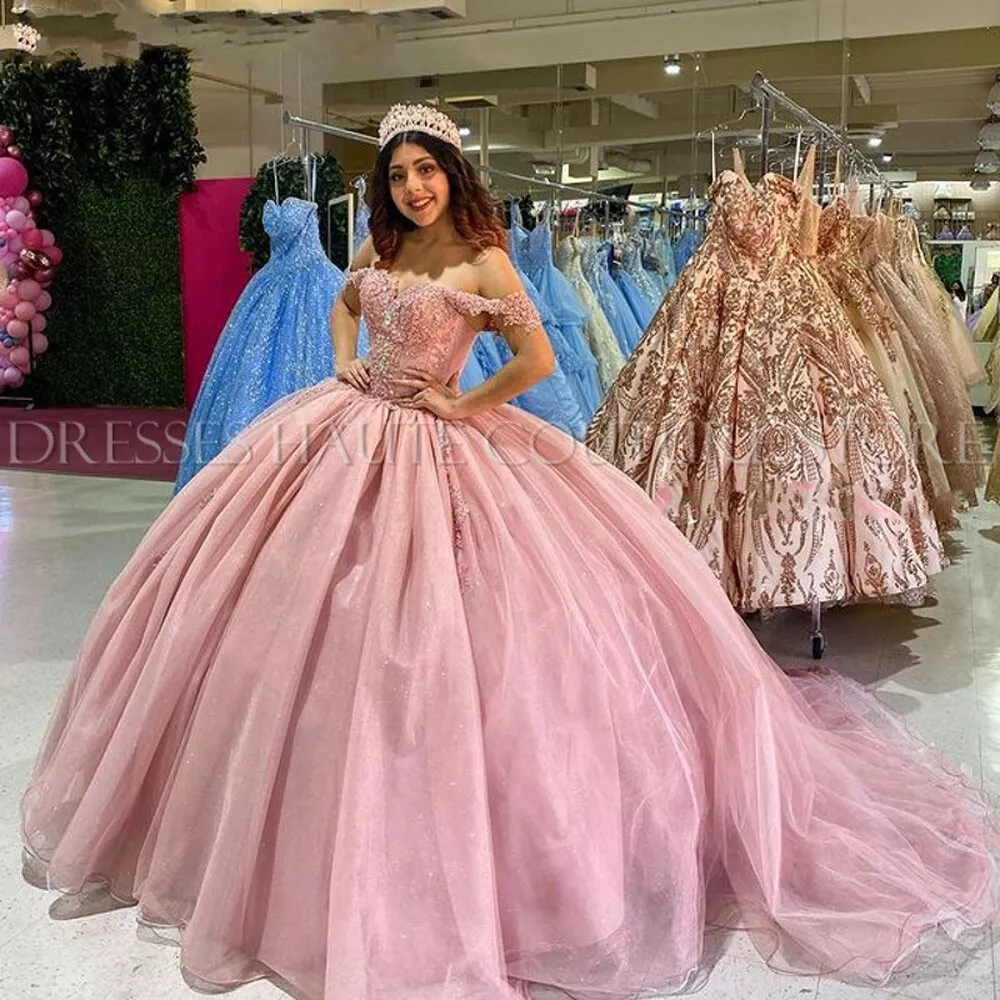 Pink Vestidos De 15 Años Quinceanera Dresses Crystal Beaded Sweet 16 Dress  Applique Bow Long Ball Gown Prom Gowns 