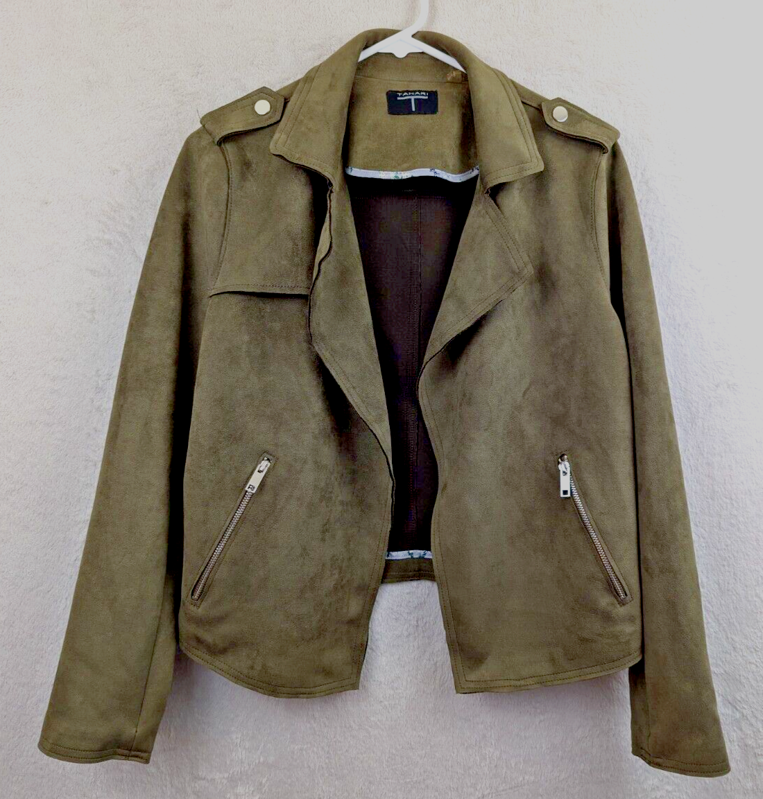 Tahari T sz M Faux Leather Vegan Open Front Moto Jacket green zippers 0688 | eBay Tahari T sz M Faux Leather Vegan Open Front Moto Jacket green zippers 0688 | eBay