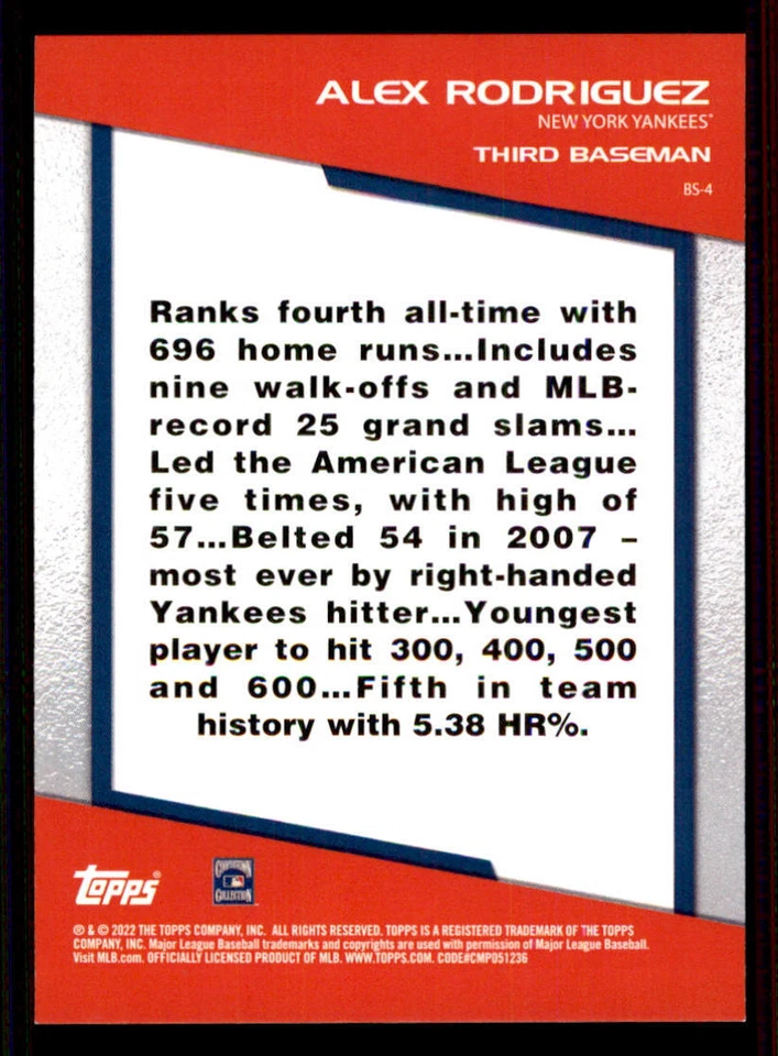 2022 Topps Opening Day Bomb Squad #BS4 Alex Rodriguez - Image 2 of 2
