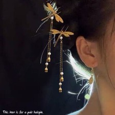 Retro Hairpin Dragonfly Tassel Kanzashi Flower Step Shake U-shaped Hair Clip