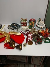 lot of assorted Christmas decor -ornaments, ribbon,candle holders, ceramics misc