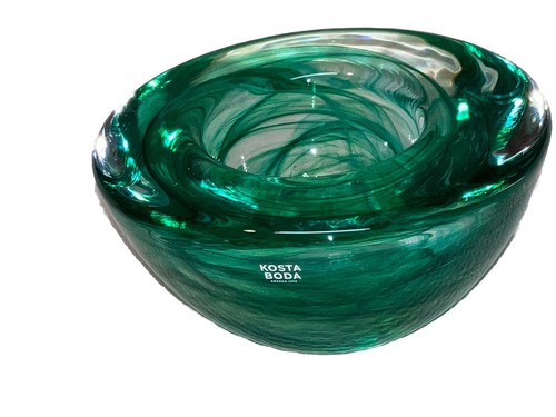 Kosta Boda Art Glass Hand Blown Heavy Votive Candle Holder Clear W Green Swirls - Picture 2 of 12