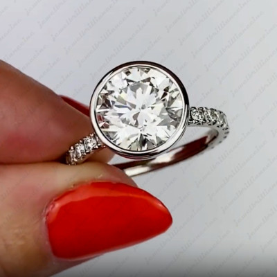 2.45Ctw 9mm Round Cut Moissanite Bezel Engagement Ring In 14K White Gold Plated