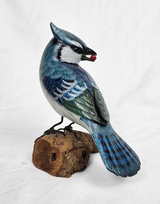 6'' Vintage Hand-Carved Wooden Blue Jay Bird Figurine, Real Wood Base, USA 1970s