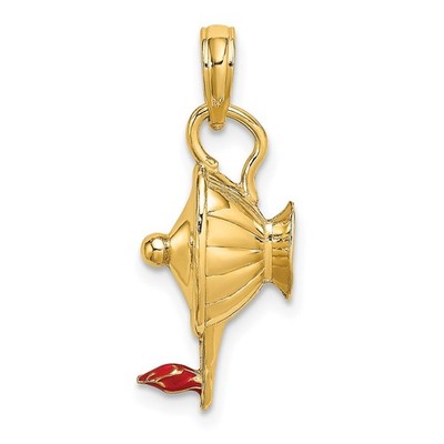 14k Yellow Gold W/ Red Enamel Polished 3-D Genie Lamp Charm Pendant 2.72g