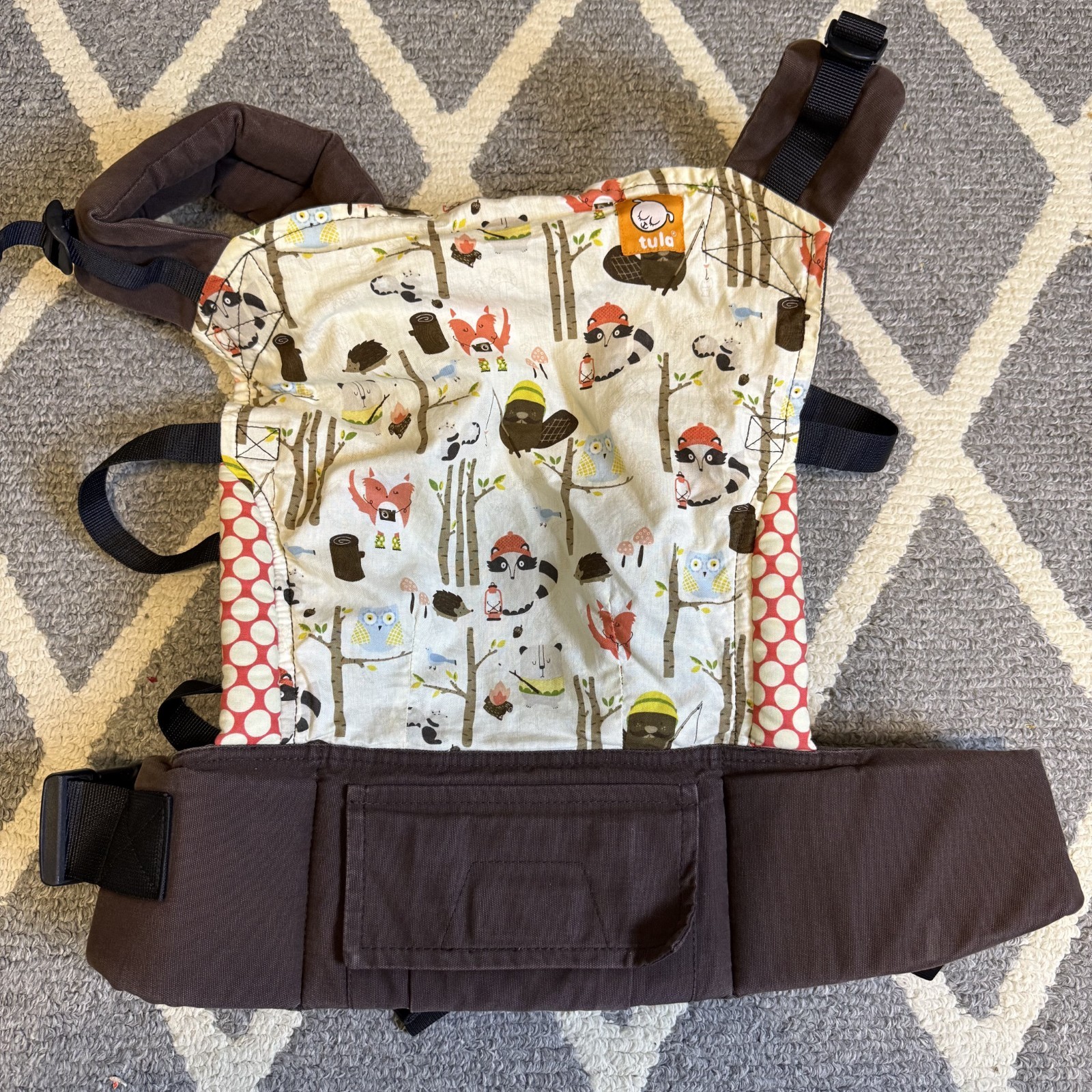 TULA Free To Grow Carrier Toddler 15lbs 45lbs Campfire Forrest Raccoon Brown