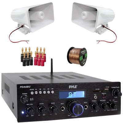 Pyle PDA5BU Mini USB Stereo Receiver, 2x 8'' 65W PA Horn Speakers, Banana Plugs