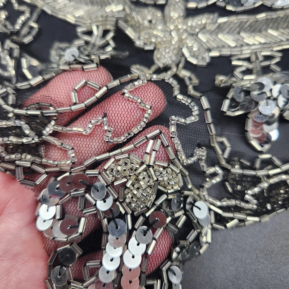 Elegante chal corbata con lentejuelas plateadas en hilo de tul negro envoltura estola noche fiesta Foto 3 de 4