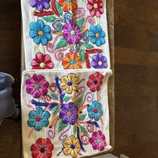 One Pair Decorative Peruvian Handmade Embroidered Flowers Pillow Covers vintage