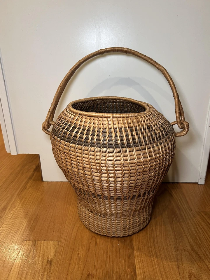 Vintage Handwoven Wicker Basket Jar Large 12" Boho Decor Storage with Handle - Image 2 of 4