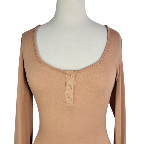SKIMS PJ Sleep Henley Dress Large Sedona Tan Long Sleeve Stretch Lounge Sexy NEW - Picture 2 of 11