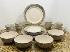 Birch by Thomson Pottery Stoneware 15pc  Dinnerware Set Beige Brown Rings Modern