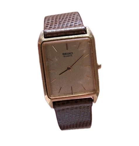 Vintage Seiko Tank Watch Men Gold Tone  Brown Leather Strap - Needs Battery