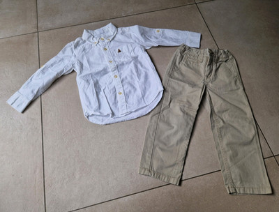 babyGAP Jungen 2-tlg Set Hemd Langarm weiß & Twill-Hose beige 3 Jahre
