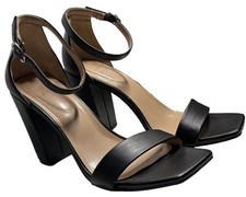 Women s Black Square Toe Block Heel Sandals Ankle Strap Faux Leather US 8