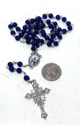 Vtg Silver Tone  Cobalt Blue Bead Rosary Cross  Necklace N3147